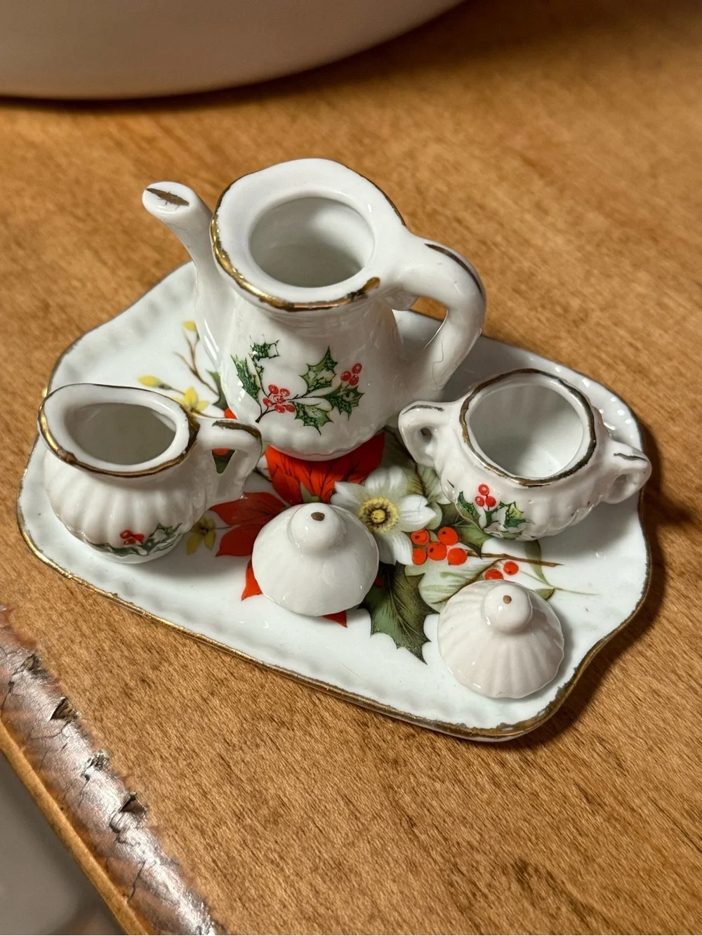 Vintage Christmas Miniature Ceramic Tea Set - White with Holly Motif